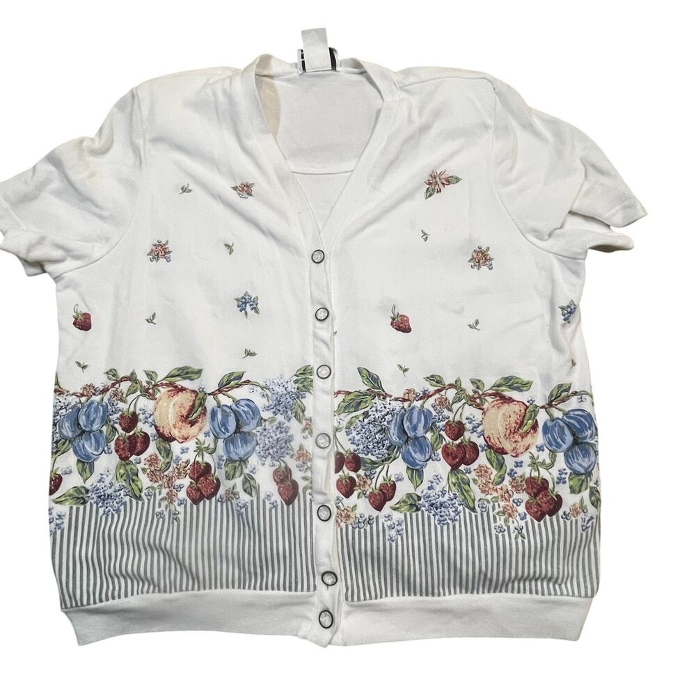 Vintage Teddi Fruit Print Button Front Knit Top Womens XL Strawberry Cottagecore
